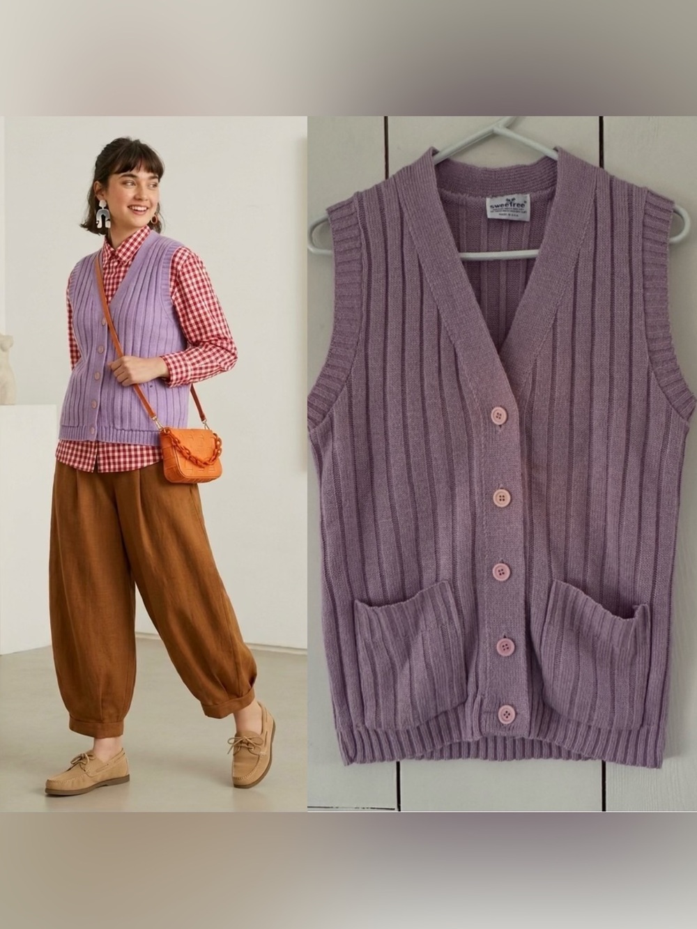 Vintage 90s Sweater Vest Button Front Pockets Sz M Soft Purple Layering USA